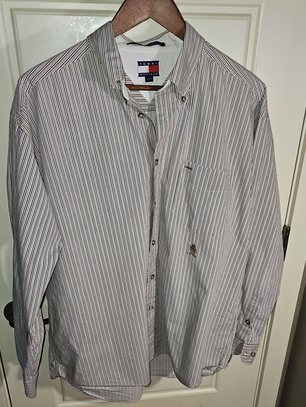 Tommy Hilfiger Men's White Shirt with Navy and Red Pinstripes
